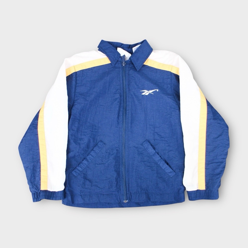 Vintage Reebok Youth Small Windbreaker Jacket Blue White Yellow 90s Track